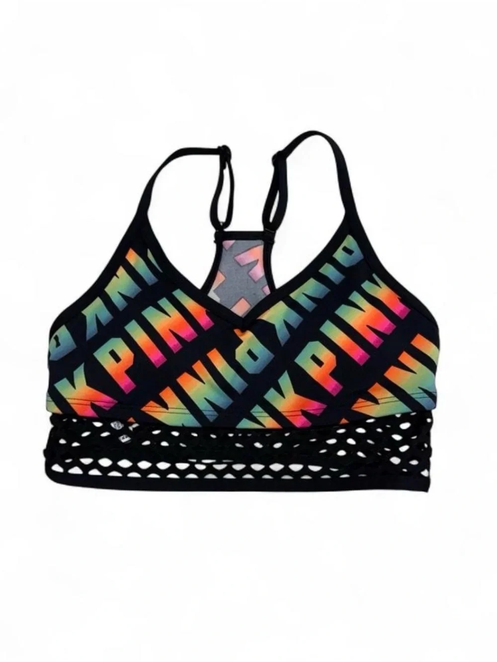 PINK Victoria's Secret Black Sports Bikini Top with Rainbow Logo Size XS
